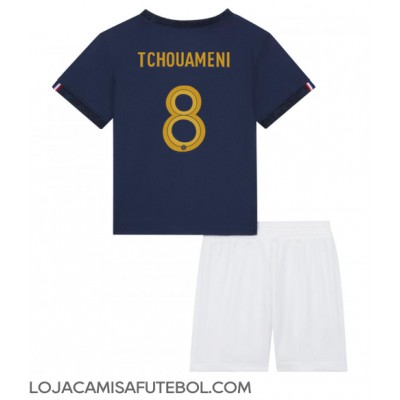 Camisa de Futebol França Aurelien Tchouameni #8 Equipamento Principal Infantil Mundo 2022 Manga Curta (+ Calças curtas)